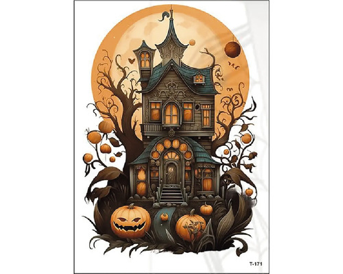 Samolepka na zeď s motivem strašidelného domu a dýní pro halloweenskou dekoraci
