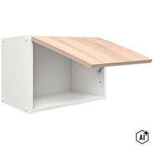 Nástěnná skříňka s výklopnými dvířky v dekoru dřeva do obývacího pokoje nebo kuchyně (Image AI modified or generated)