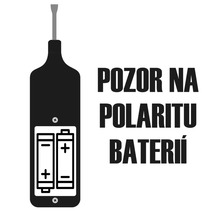 Piktogram se zkoušečkou napětí a přihrádkou na baterie pro znázornění správné polarity při vkládání baterií