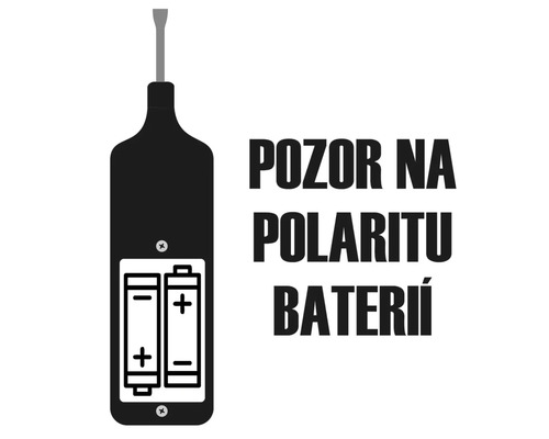 Piktogram se zkoušečkou napětí a přihrádkou na baterie pro znázornění správné polarity při vkládání baterií
