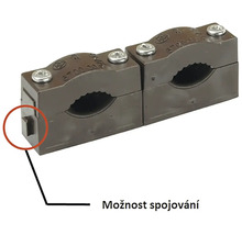 Dvě propojené plastové příchytky na trubky se šroubovým uzávěrem pro upevnění trubek.