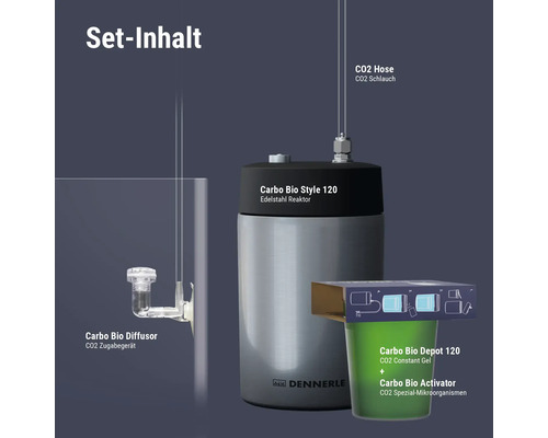 CO2 hnojicí set Dennerle Carbo Bio Style 120 s nerezovým reaktorem, difuzorem, hadičkou a CO2 depozitem pro akvária.