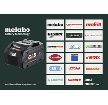Akumulátor Metabo LiHD s logem Cordless Alliance System a logy zúčastněných partnerských značek.