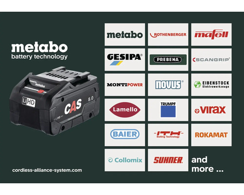 Akumulátor Metabo LiHD s logem Cordless Alliance System a logy zúčastněných partnerských značek.