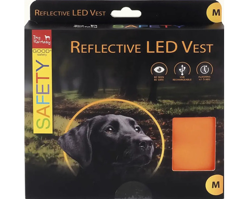 Reflexní LED vesta pro psy Dog Fantasy ve velikosti M, nabíjecí přes USB, s bezpečnostními prvky pro lepší viditelnost.