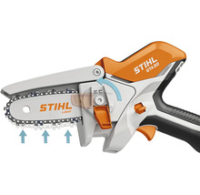 Akumulátorová prořezávací pila Stihl GTA 20 s vodicí lištou a pilovým řetězem v detailním záběru