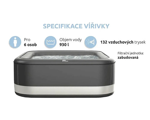 Nafukovací vířivka MSpa pro šest osob o objemu devět set třicet litrů se sto třiceti dvěma vzduchovými tryskami a vestavěnou filtrací.