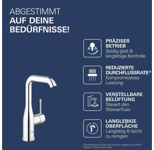 Umyvadlová baterie Grohe s grafickým znázorněním výhod produktu, jako je přesné ovládání, snížený průtok a odolný povrch.
