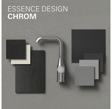 Umyvadlová baterie Essence Design v chromovém provedení se vzorky materiálů pro design koupelny