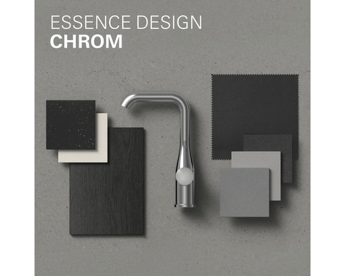 Umyvadlová baterie Essence Design v chromovém provedení se vzorky materiálů pro design koupelny