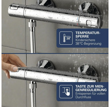 Termostatická sprchová baterie Grohe s pojistkou proti opaření na 38 stupňů a tlačítkem pro regulaci průtoku.