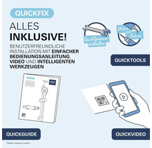 Infografika pro instalacni system Grohe QuickFix s klicem QuickSpanner, navodem k montazi, QR kodem pro video a moznosti lepeni nebo vrtani.