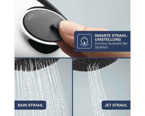 Ruční sprcha s nastavitelným proudem mezi režimy Rain a Jet pomocí tlačítka pro intuitivní přepínání typu proudu.