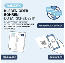 Instalační pomůcka Grohe QuickFix s možností výběru mezi lepením nebo vrtáním, včetně rychlého průvodce a video návodu k montáži.