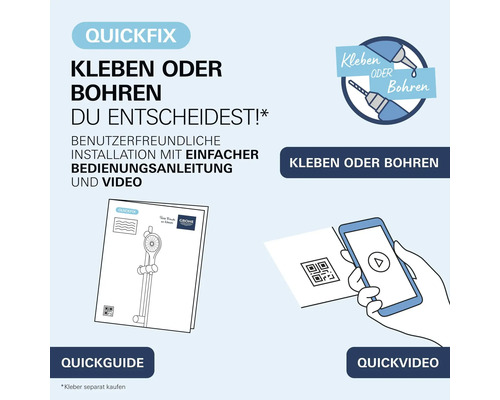 Instalační pomůcka Grohe QuickFix s možností výběru mezi lepením nebo vrtáním, včetně rychlého průvodce a video návodu k montáži.