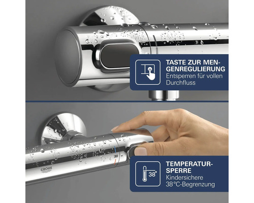 Termostatická baterie Grohe s ovládáním průtoku a bezpečnostní pojistkou na 38 stupňů Celsia.