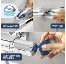 Sprchový termostat s nástrojem QuickSpanner pro instalaci, údržbu a nastavení.