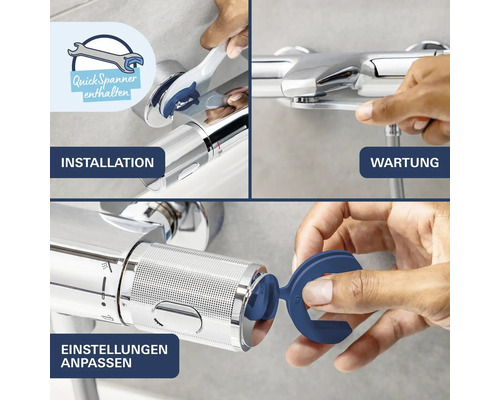 Sprchový termostat s nástrojem QuickSpanner pro instalaci, údržbu a nastavení.