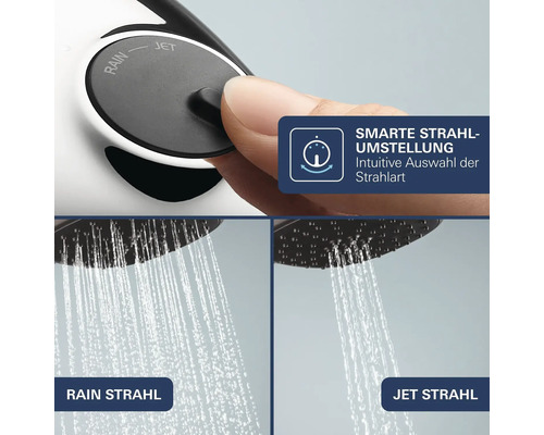 Ruční sprcha s manuálním přepínáním mezi proudem Rain a Jet otočením nastavovacího knoflíku pro individuální zážitek ze sprchování.