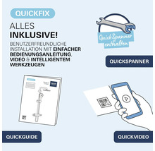 Instalační sada Grohe QuickFix s nářadím QuickSpanner příručkou QuickGuide a videem QuickVideo pro snadnou montáž sprchových systémů.