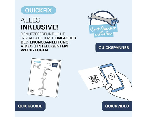 Instalační sada Grohe QuickFix s nářadím QuickSpanner příručkou QuickGuide a videem QuickVideo pro snadnou montáž sprchových systémů.