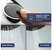 Ruční sprcha s nastavitelným proudem mezi režimy Rain a Jet pomocí tlačítka pro intuitivní přepínání typu proudu.