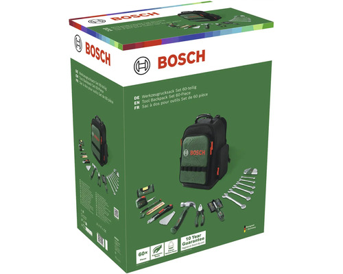 Sada nářadí Bosch v batohu se 60 díly, včetně různého ručního nářadí a odolné brašny v obalu produktu.