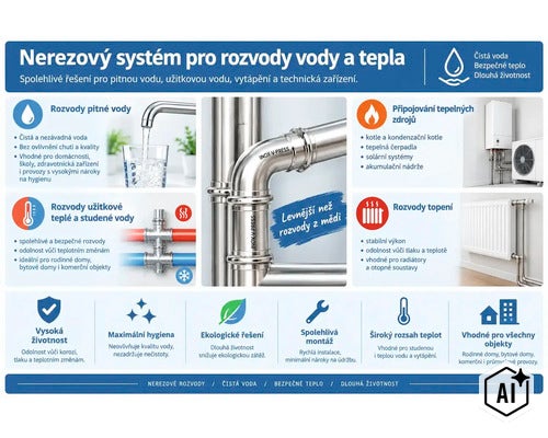 Informační grafika nerezového systému pro rozvody vody a tepla včetně pitné vody, připojení topných zdrojů a otopných těles. (Image AI modified or generated)