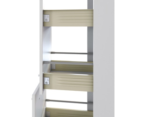 Výsuv z bílé nábytkové skříně se zásuvkami