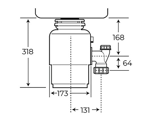 Technický výkres kuchyňského drtiče odpadu s rozměry