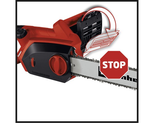 Elektrická řetězová pila se symbolem Stop pro bezpečnostní pokyny