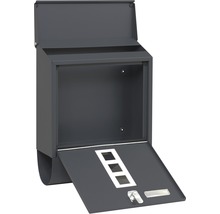 Otevřená šedá kovová poštovní schránka s přihrádkou na noviny