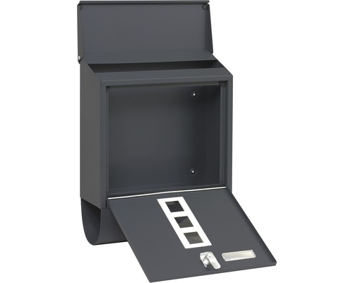 Otevřená šedá kovová poštovní schránka s přihrádkou na noviny