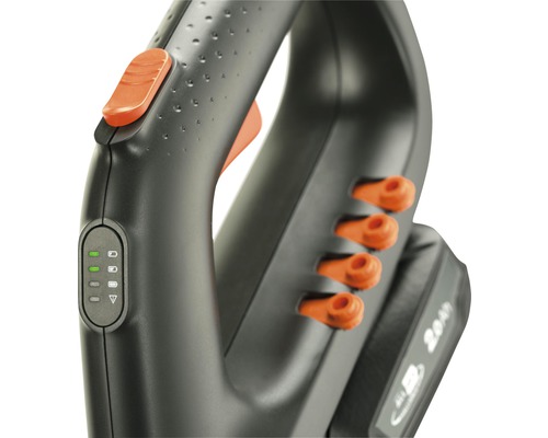 Detailní pohled na nůžky na trávu s ovládacími prvky a indikátorem baterie