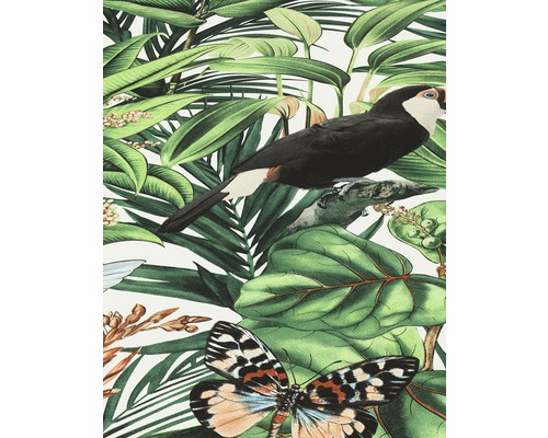 Dekorační tapeta s tropickým vzorem, listím, motýly a ptákem
