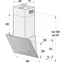 Technický výkres odsavače par s rozměry.