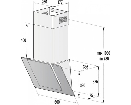 Technický výkres odsavače par s rozměry.