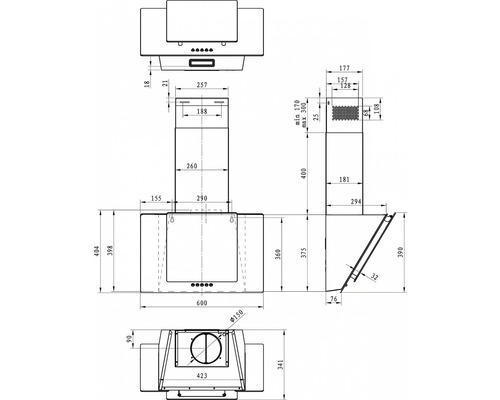 Technický nákres odsavače par s rozměry