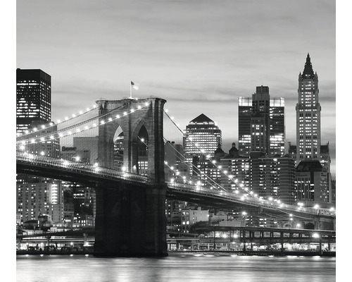 Černobílá fotografie Brooklynského mostu a panoramatu New Yorku