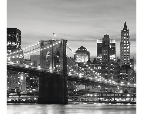 Černobílá fotografie Brooklynského mostu a panoramatu New Yorku.