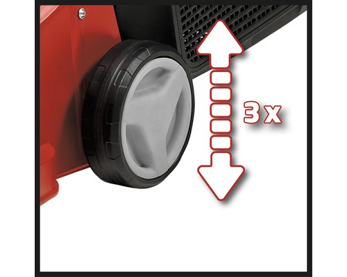 Třínásobně výškově nastavitelné kolo na zahradním nářadí.