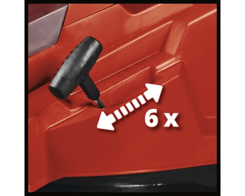 Detailní pohled na sekačku na trávu se šestinásobným nastavením výšky sečení.