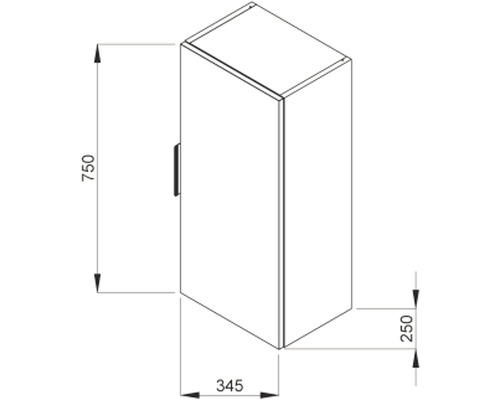 Technický nákres vysoké skříně s rozměry.