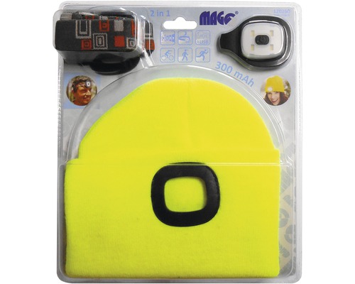 Žlutá čepice s LED čelovkou a čelenkou v balení