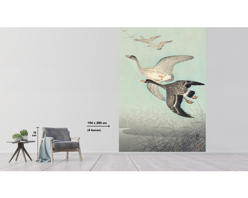 Nástěnná malba s létajícími husami nad jezerem, rozměr 194 x 280 cm