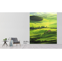 Foto tapeta s motivem krajiny zelené kopcovité krajiny s domy, formát 243 x 280 centimetrů