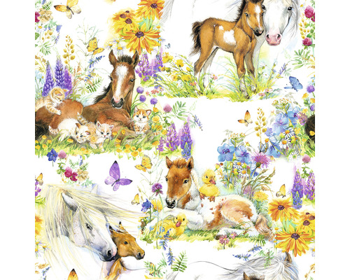 Ilustrace hříbat, koček, kachňat a květinových vzorů