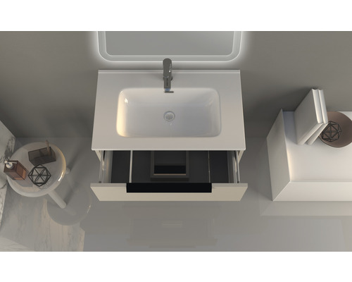 Koupelnová skříňka s otevřenou zásuvkou, umyvadlem na desku a baterií shora