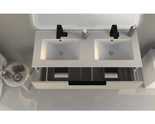 Umyvadlová skříňka s dvojitým umyvadlem a otevřenou zásuvkou shora