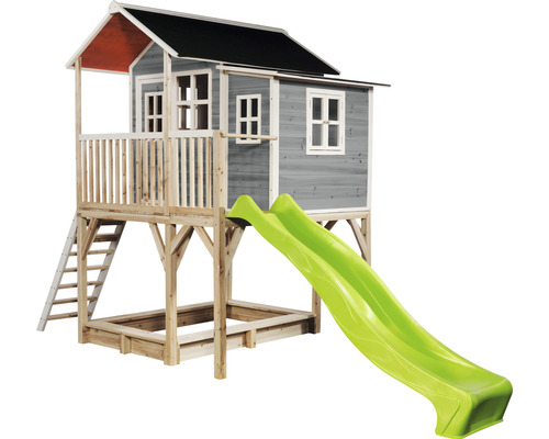 Dřevěný domeček na hraní se skluzavkou, žebříkem a pískovištěm